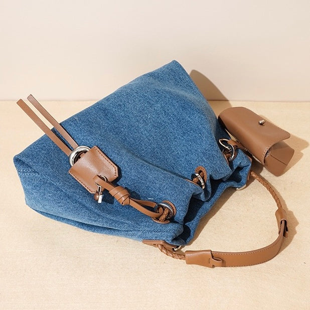 Women's Genuine Leather Denim Patchwork Hobo Shoulder Bag