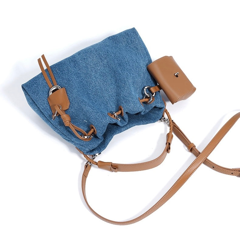 Women's Genuine Leather Denim Patchwork Hobo Shoulder Bag