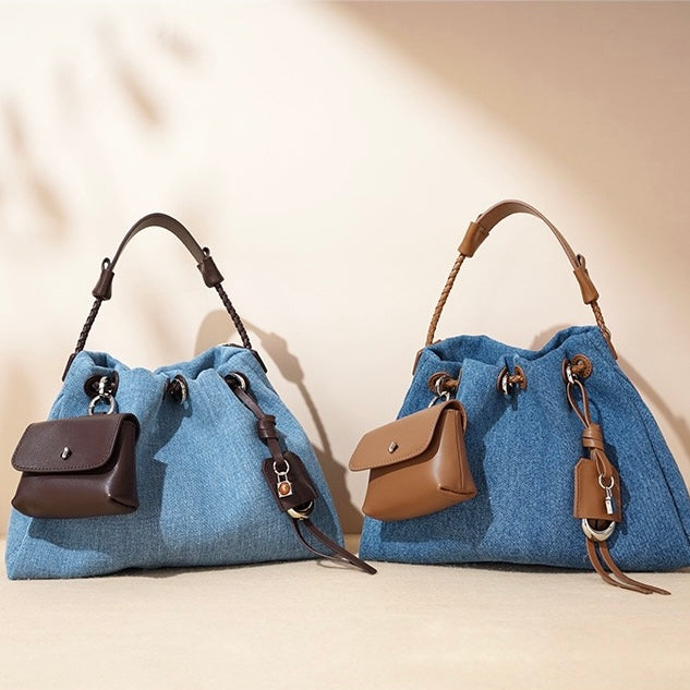 Women's Genuine Leather Denim Patchwork Hobo Shoulder Bag