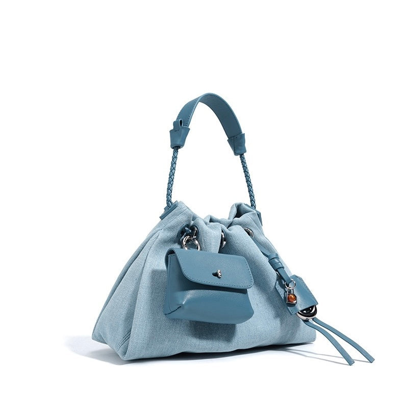 Women's Genuine Leather Denim Patchwork Hobo Shoulder Bag