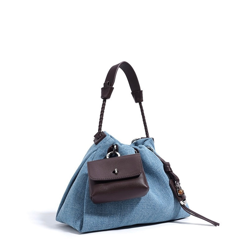Women's Genuine Leather Denim Patchwork Hobo Shoulder Bag
