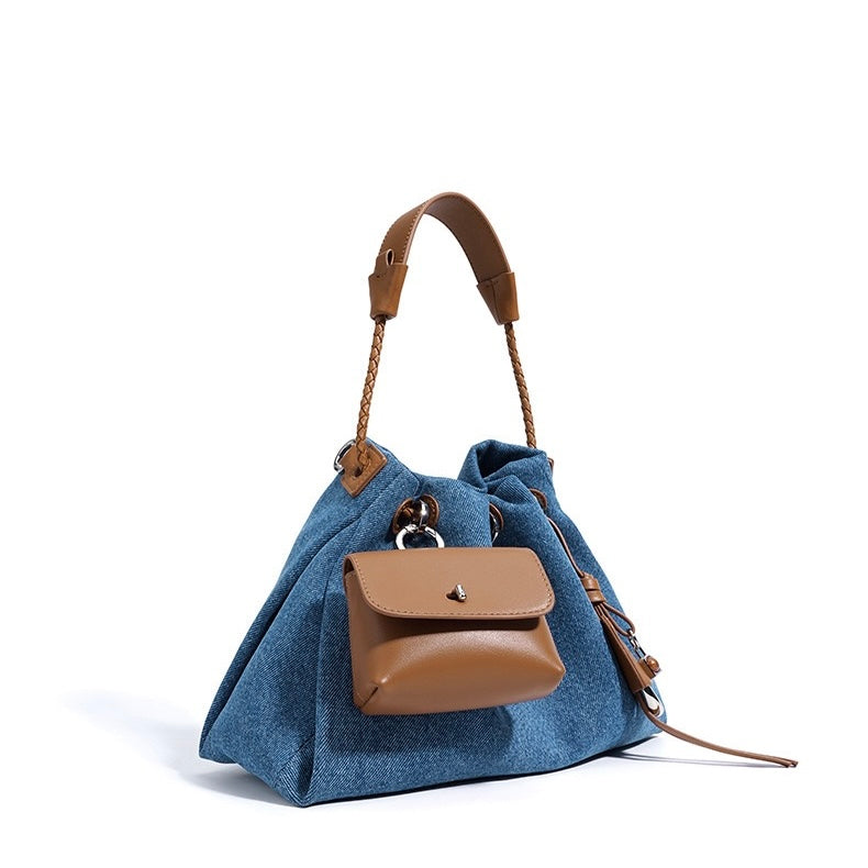 Women's Genuine Leather Denim Patchwork Hobo Shoulder Bag