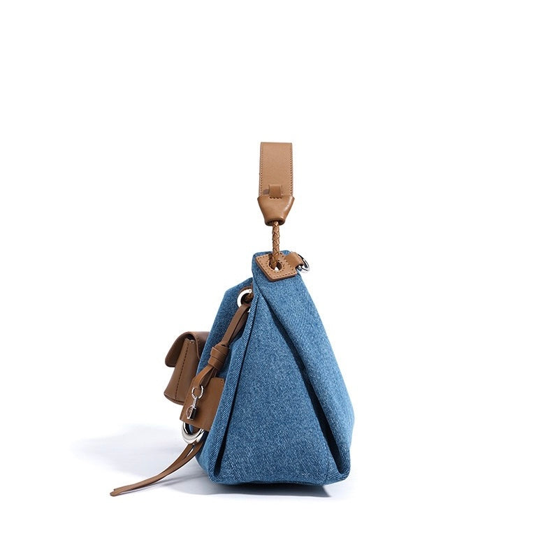Women's Genuine Leather Denim Patchwork Hobo Shoulder Bag