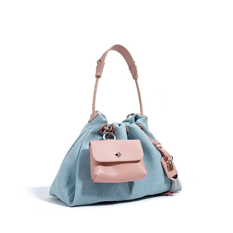Women's Genuine Leather Denim Patchwork Hobo Shoulder Bag