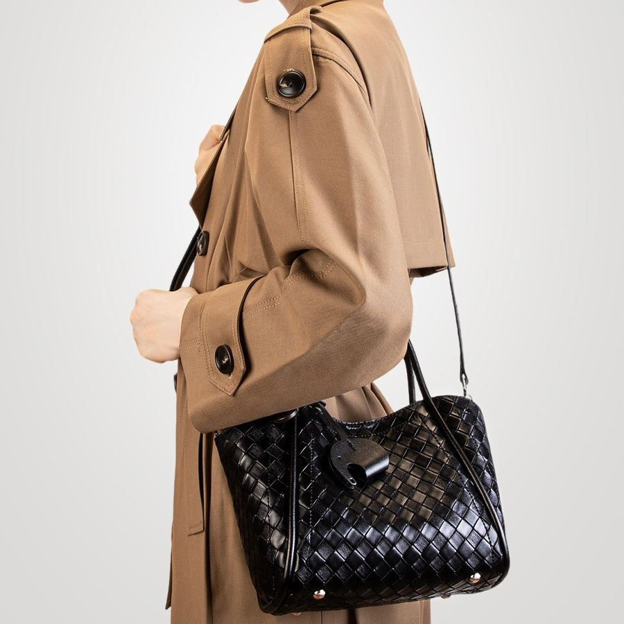 Women's Genuine Leather Woven Tote Crossbody Bag