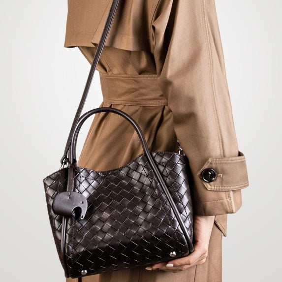Women's Genuine Leather Woven Tote Crossbody Bag