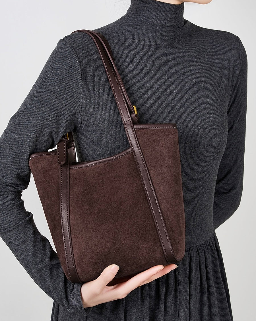 Women's Coffee Suede Cowhide Bucket Satchel