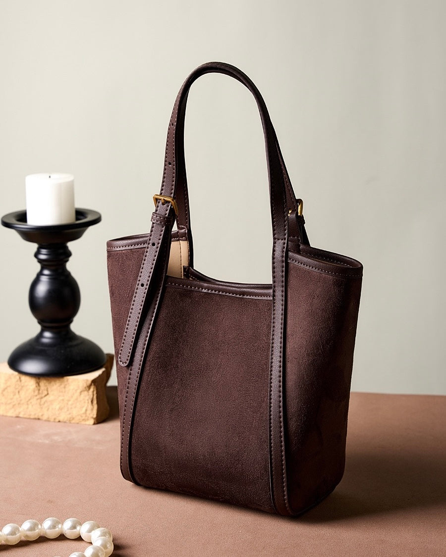 Women's Coffee Suede Cowhide Bucket Satchel