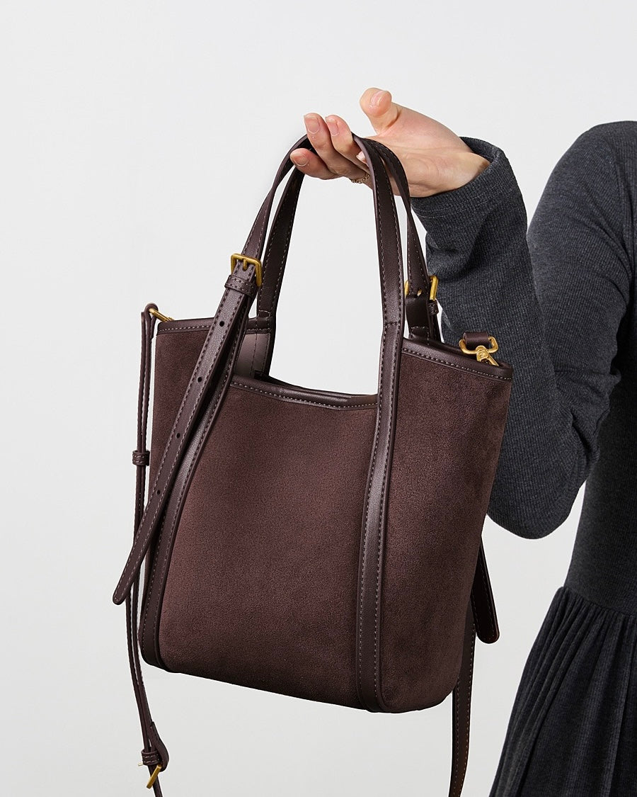 Women's Coffee Suede Cowhide Bucket Satchel