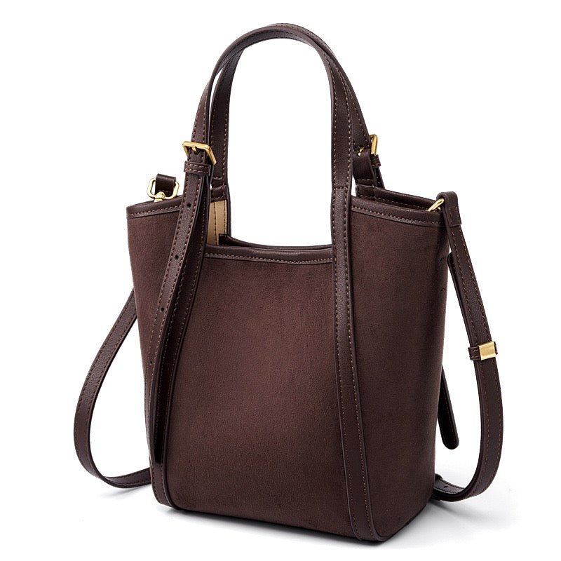 Women's Coffee Suede Cowhide Bucket Satchel