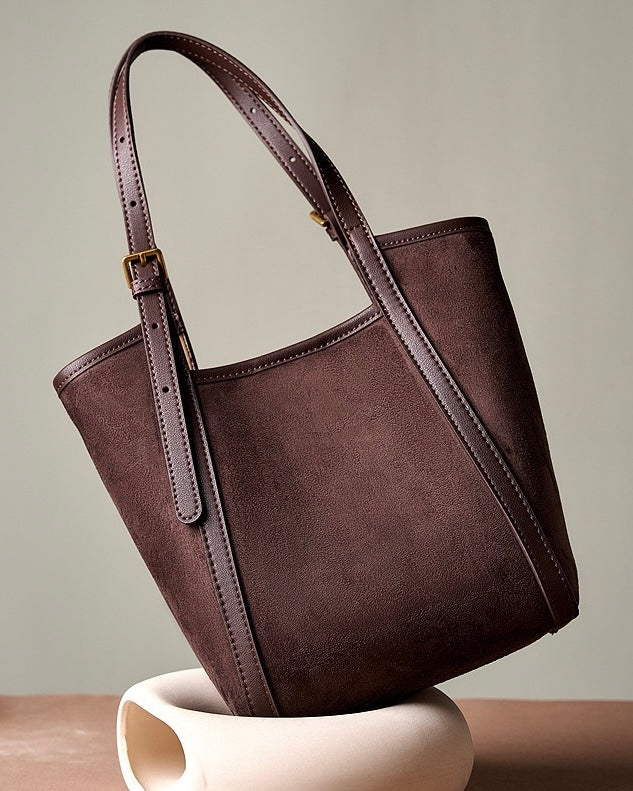 Women's Coffee Suede Cowhide Bucket Satchel