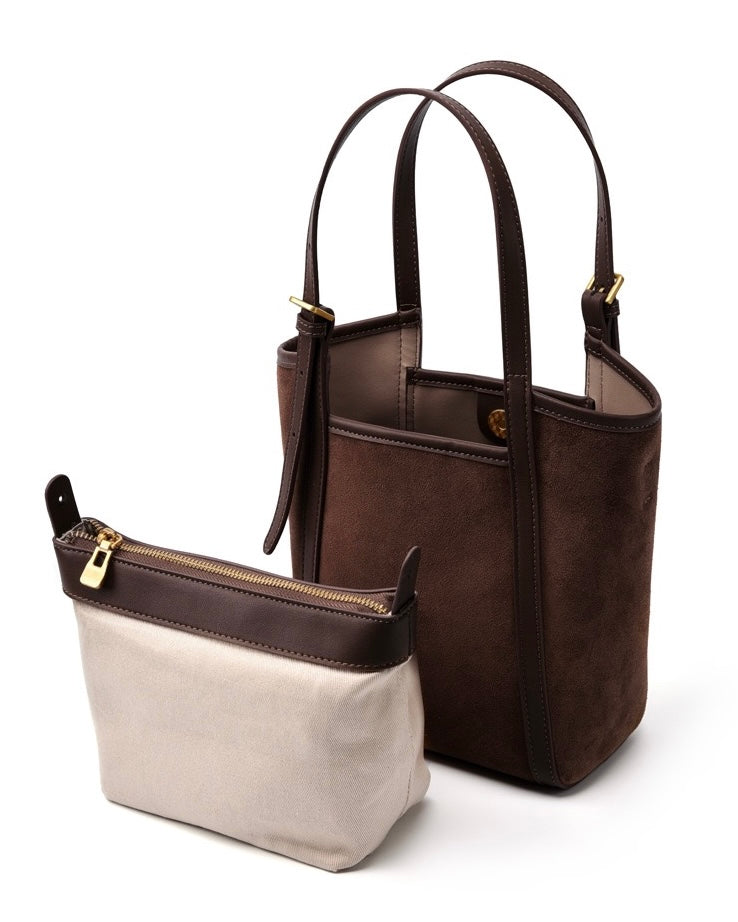 Women's Coffee Suede Cowhide Bucket Satchel