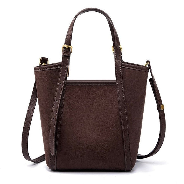 Women's Coffee Suede Cowhide Bucket Satchel