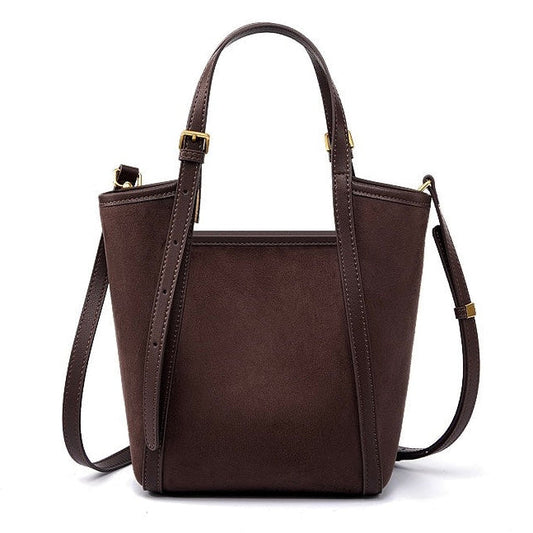 Women's Coffee Suede Cowhide Bucket Satchel
