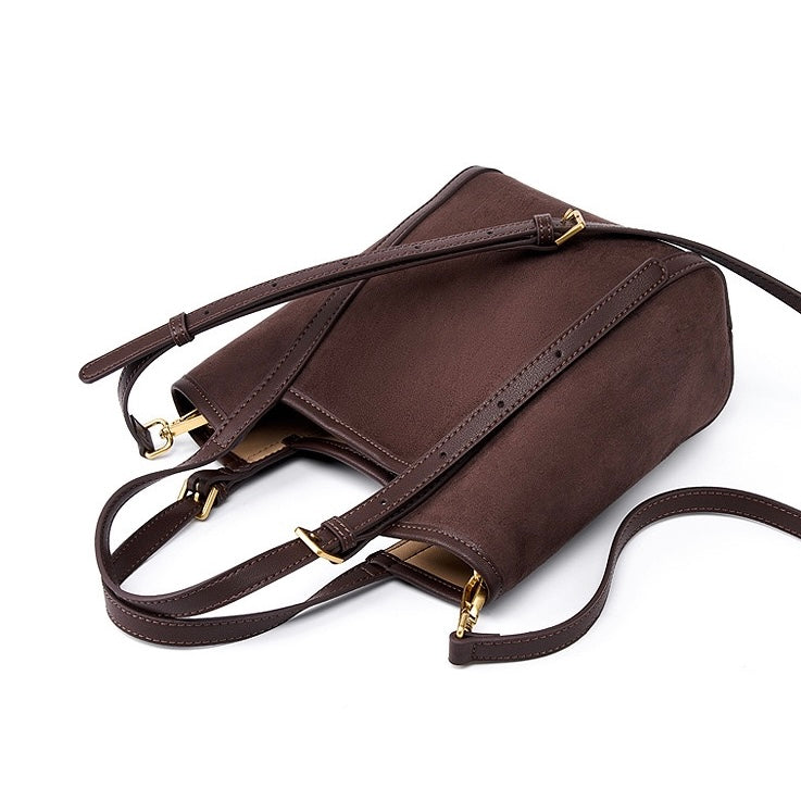 Women's Coffee Suede Cowhide Bucket Satchel