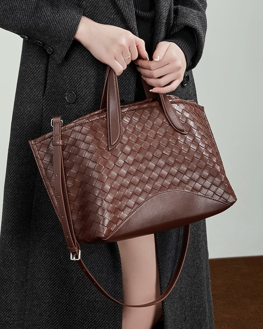 Women's Woven Cowhide Tote with Magnetic Closure