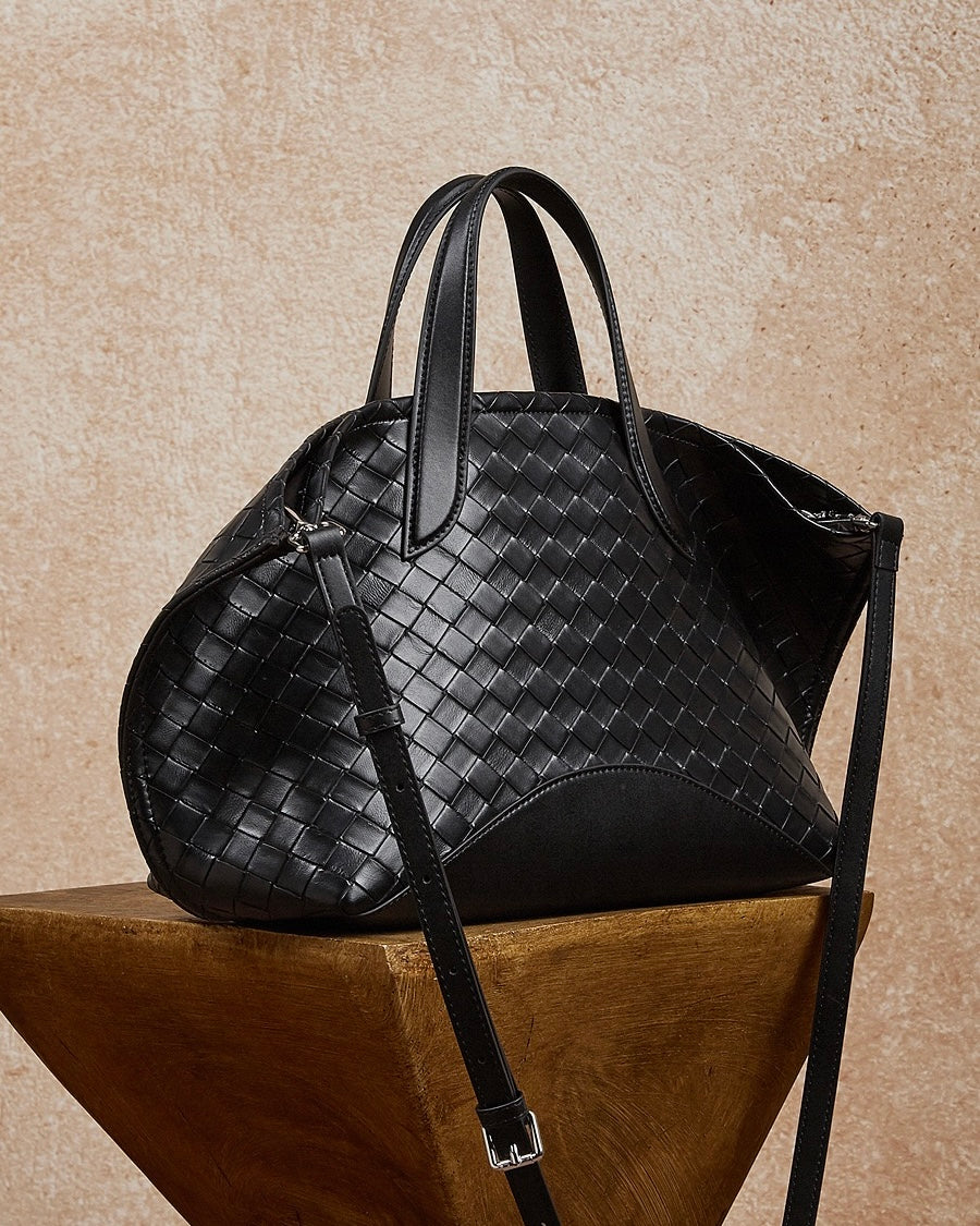 Women's Woven Cowhide Tote with Magnetic Closure
