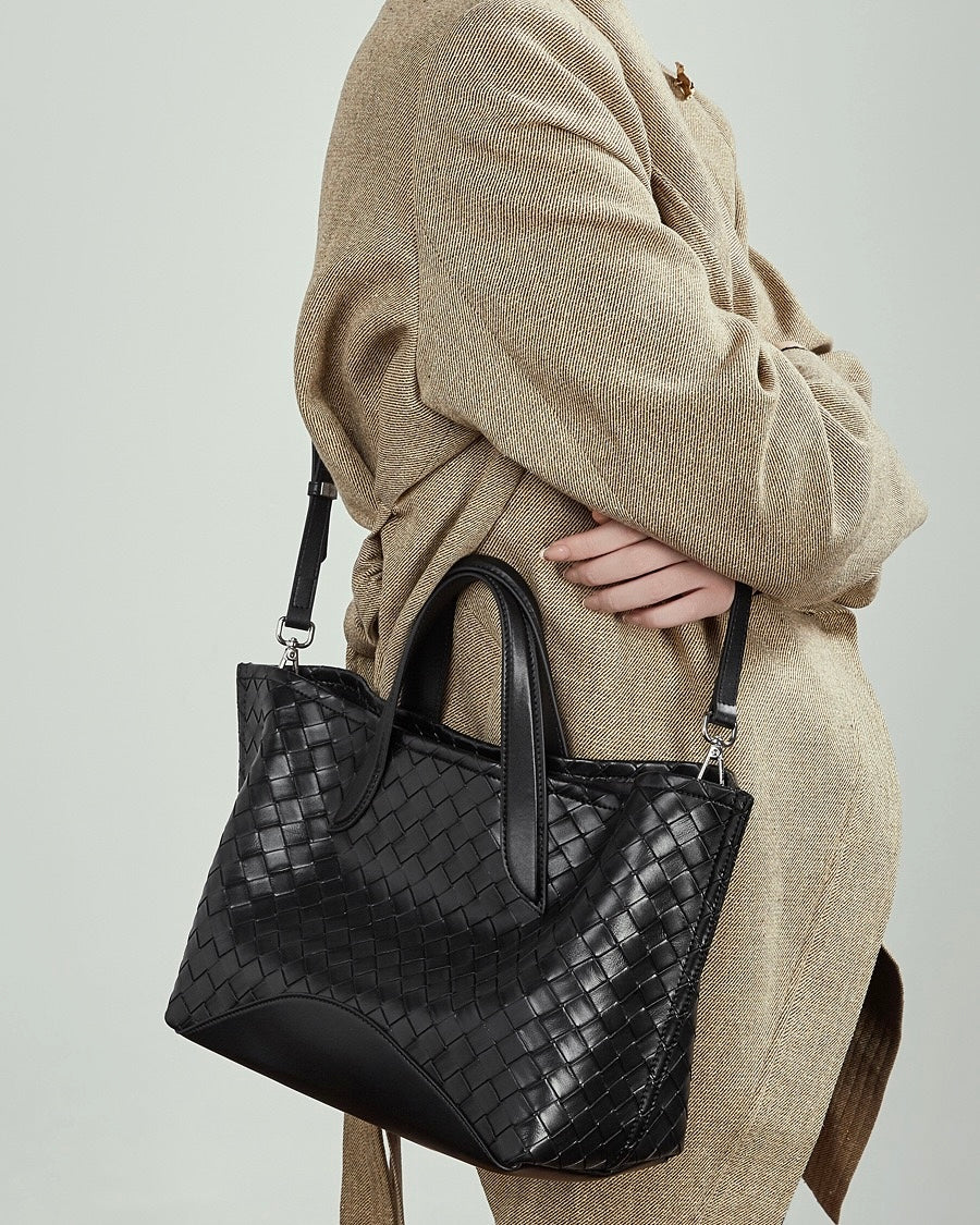 Women's Woven Cowhide Tote with Magnetic Closure