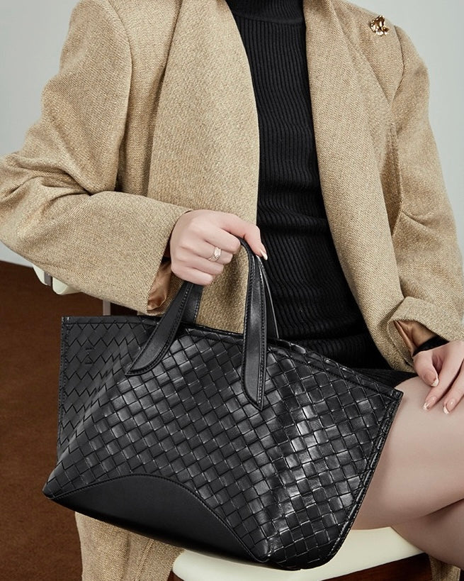 Women's Woven Cowhide Tote with Magnetic Closure