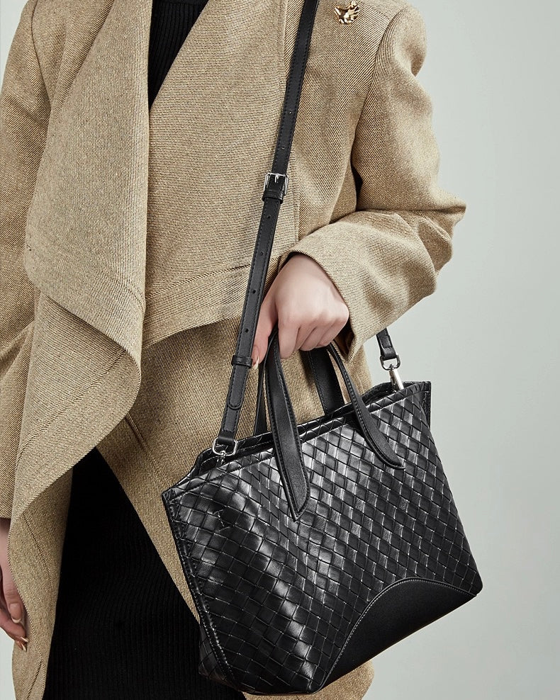 Women's Woven Cowhide Tote with Magnetic Closure