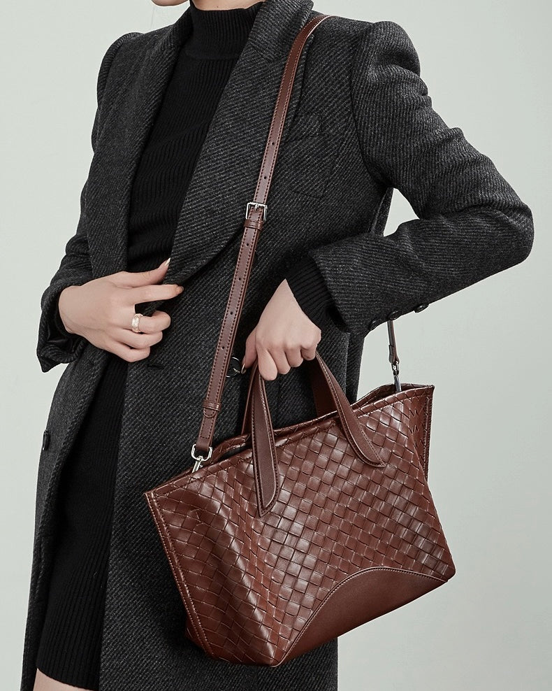 Women's Woven Cowhide Tote with Magnetic Closure