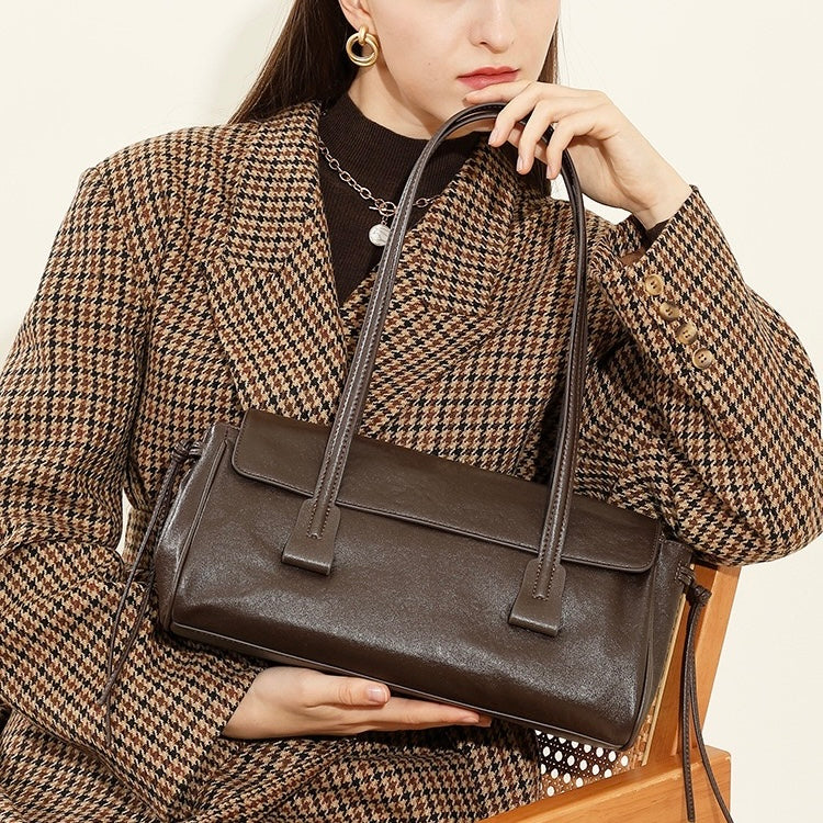 Women's Genuine Leather Vegetable Tanned Baguette Shoulder Bag