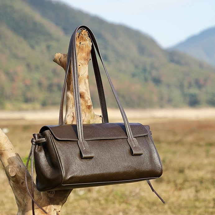 Women's Genuine Leather Vegetable Tanned Baguette Shoulder Bag