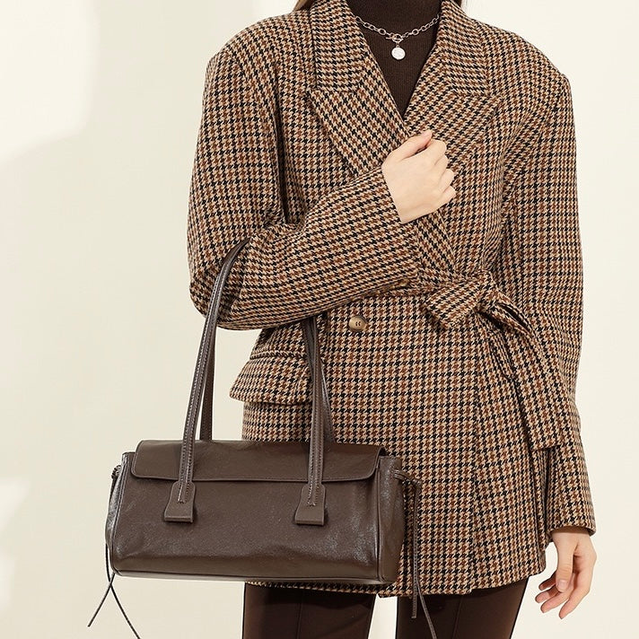 Women's Genuine Leather Vegetable Tanned Baguette Shoulder Bag