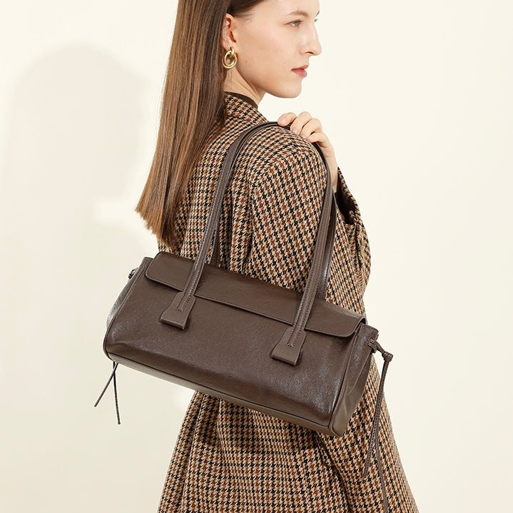 Women's Genuine Leather Vegetable Tanned Baguette Shoulder Bag