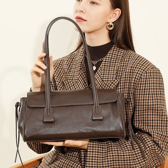 Women's Genuine Leather Vegetable Tanned Baguette Shoulder Bag