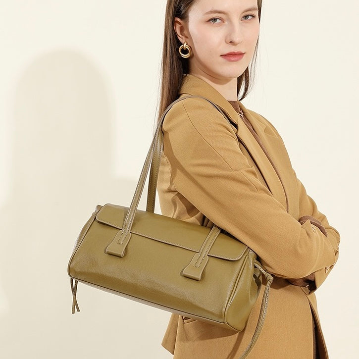 Women's Genuine Leather Vegetable Tanned Baguette Shoulder Bag