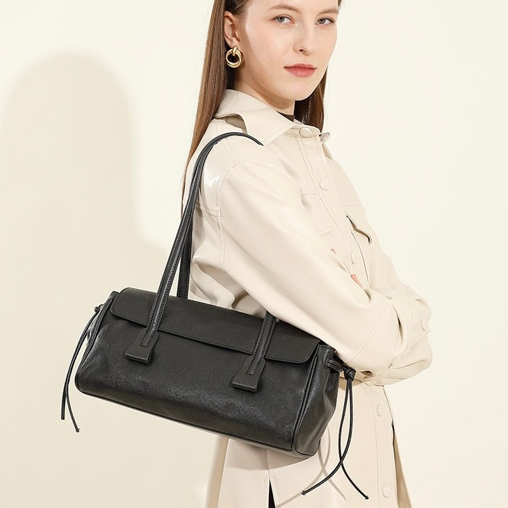 Women's Genuine Leather Vegetable Tanned Baguette Shoulder Bag