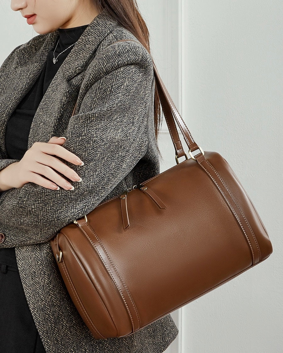 Women's Full-Grain Cowhide Barrel Satchel with Multi-Way Carry