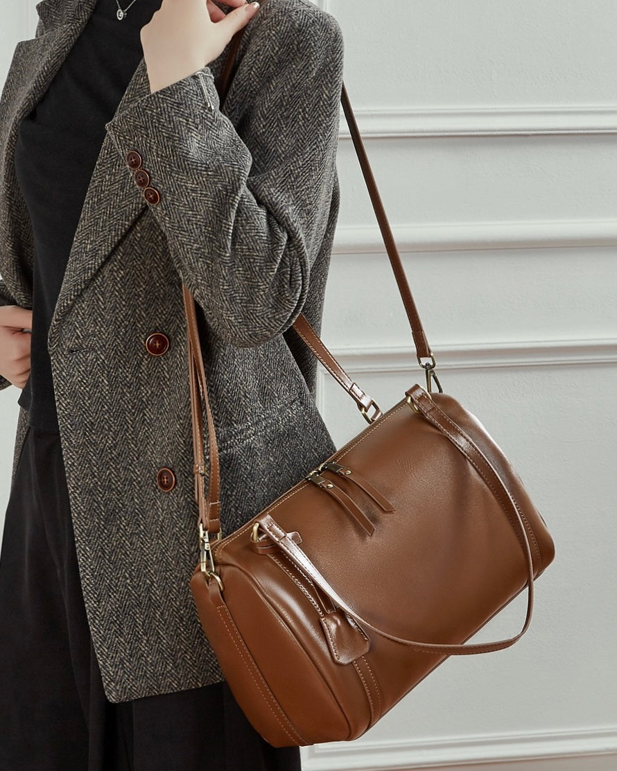 Women's Full-Grain Cowhide Barrel Satchel with Multi-Way Carry
