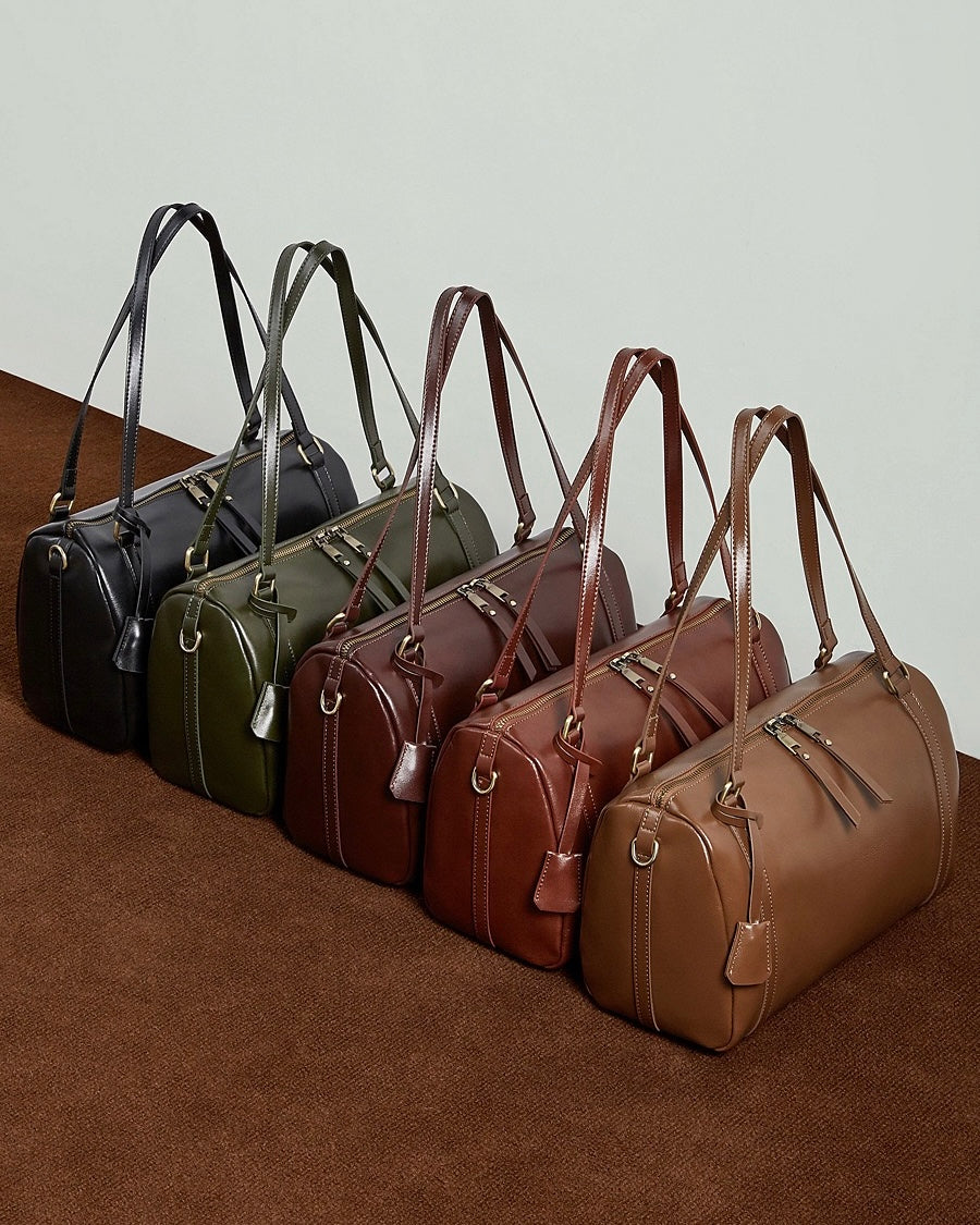 Women's Full-Grain Cowhide Barrel Satchel with Multi-Way Carry