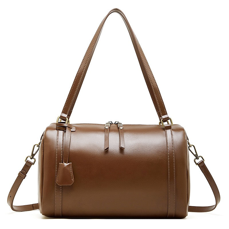 Women's Full-Grain Cowhide Barrel Satchel with Multi-Way Carry
