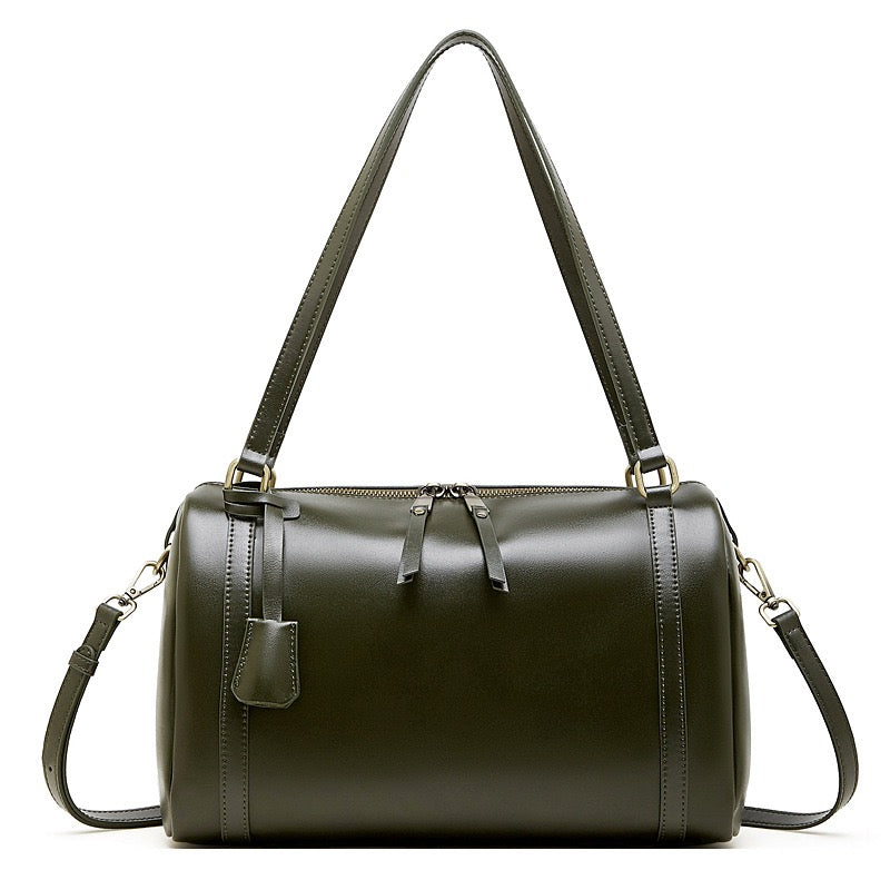 Women's Full-Grain Cowhide Barrel Satchel with Multi-Way Carry