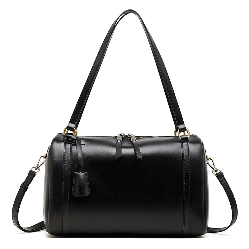 Women's Full-Grain Cowhide Barrel Satchel with Multi-Way Carry