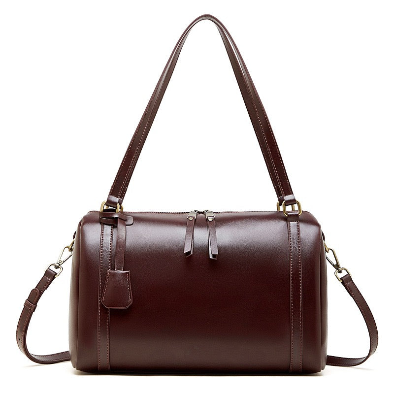 Women's Full-Grain Cowhide Barrel Satchel with Multi-Way Carry
