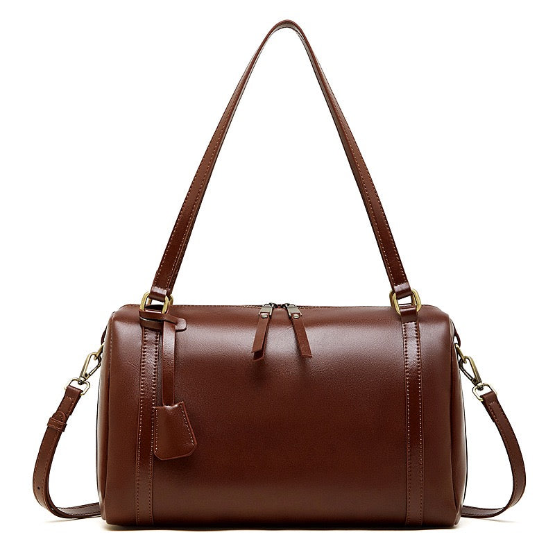 Women's Full-Grain Cowhide Barrel Satchel with Multi-Way Carry