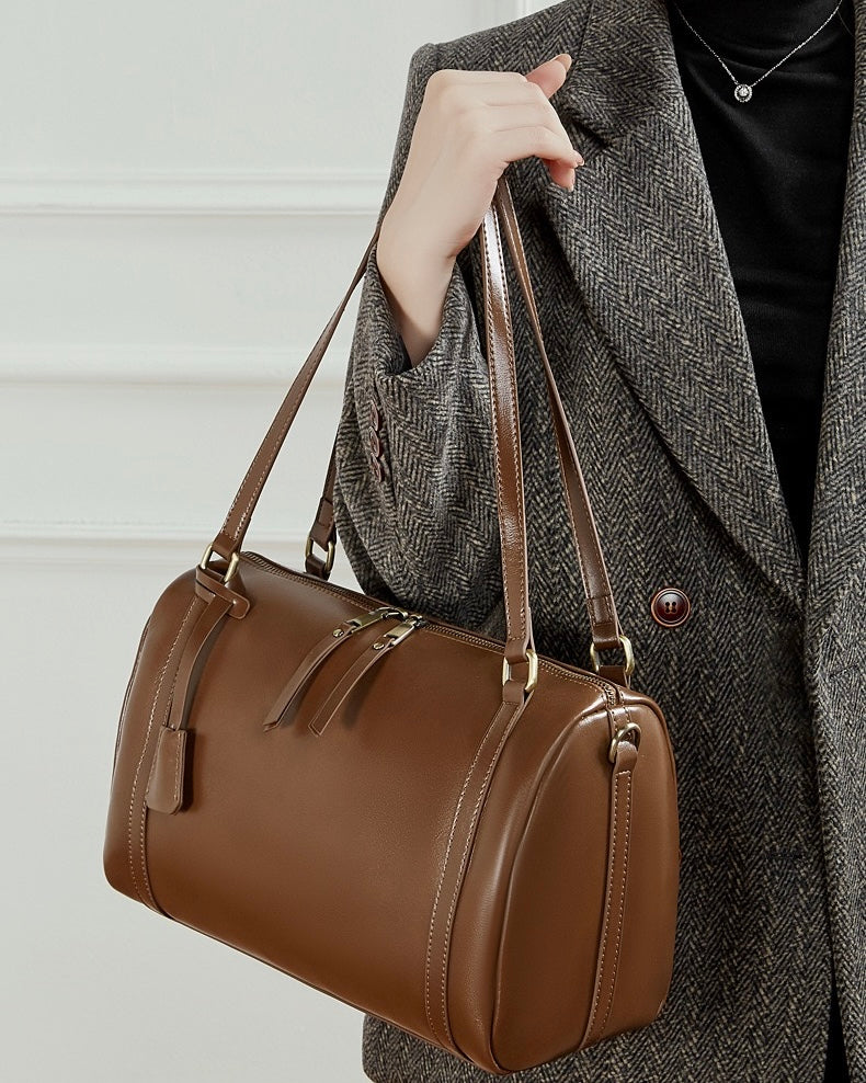 Women's Full-Grain Cowhide Barrel Satchel with Multi-Way Carry