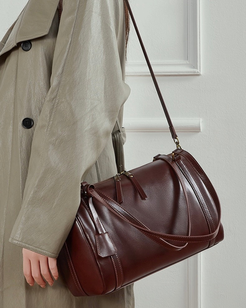 Women's Full-Grain Cowhide Barrel Satchel with Multi-Way Carry