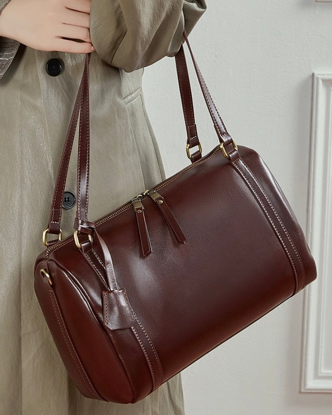 Women's Full-Grain Cowhide Barrel Satchel with Multi-Way Carry