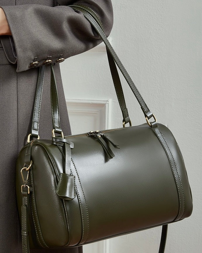 Women's Full-Grain Cowhide Barrel Satchel with Multi-Way Carry