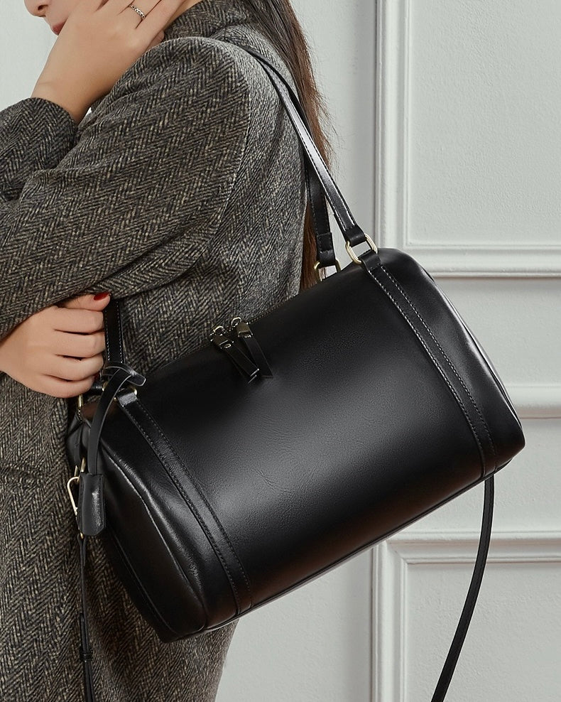 Women's Full-Grain Cowhide Barrel Satchel with Multi-Way Carry