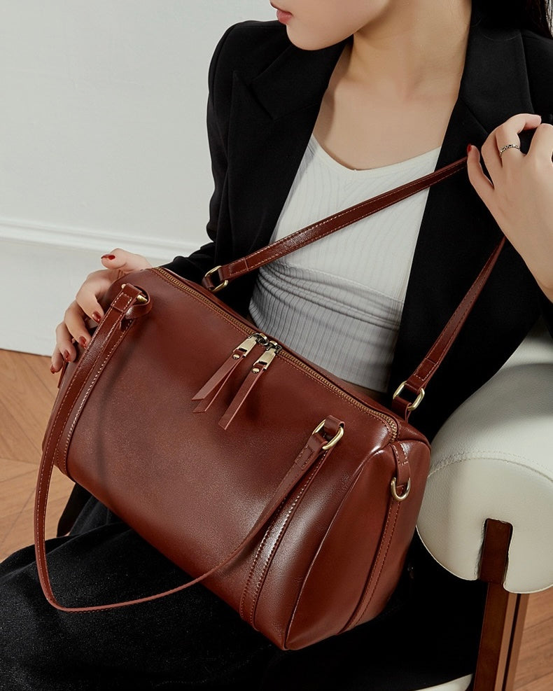 Women's Full-Grain Cowhide Barrel Satchel with Multi-Way Carry
