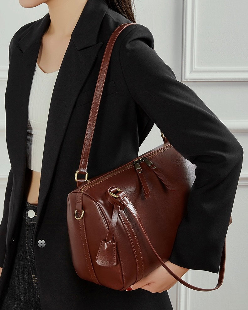 Women's Full-Grain Cowhide Barrel Satchel with Multi-Way Carry