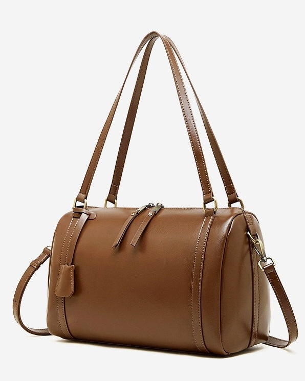 Women's Full-Grain Cowhide Barrel Satchel with Multi-Way Carry