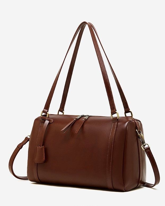 Women's Full-Grain Cowhide Barrel Satchel with Multi-Way Carry