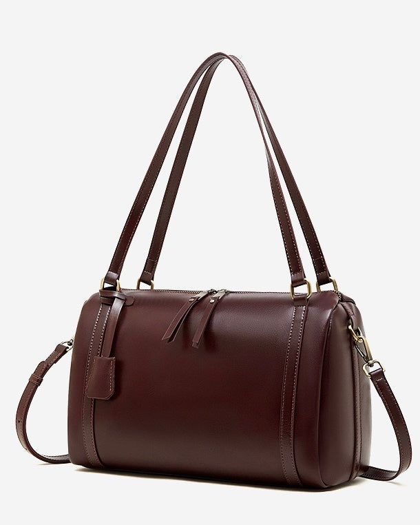 Women's Full-Grain Cowhide Barrel Satchel with Multi-Way Carry